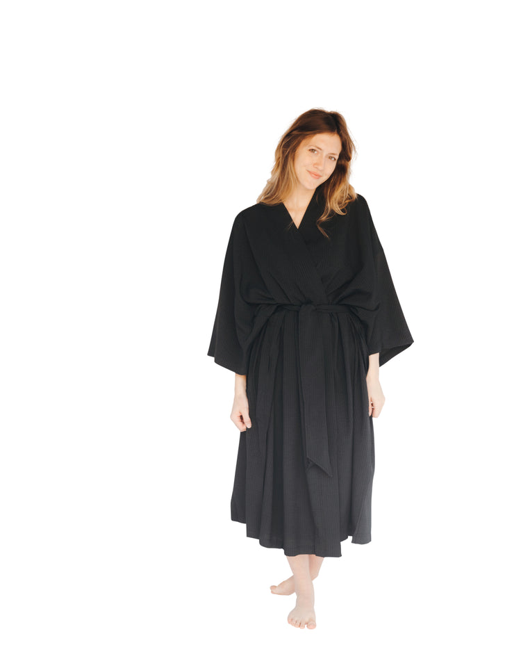 Black Seersucker Kimono Robe