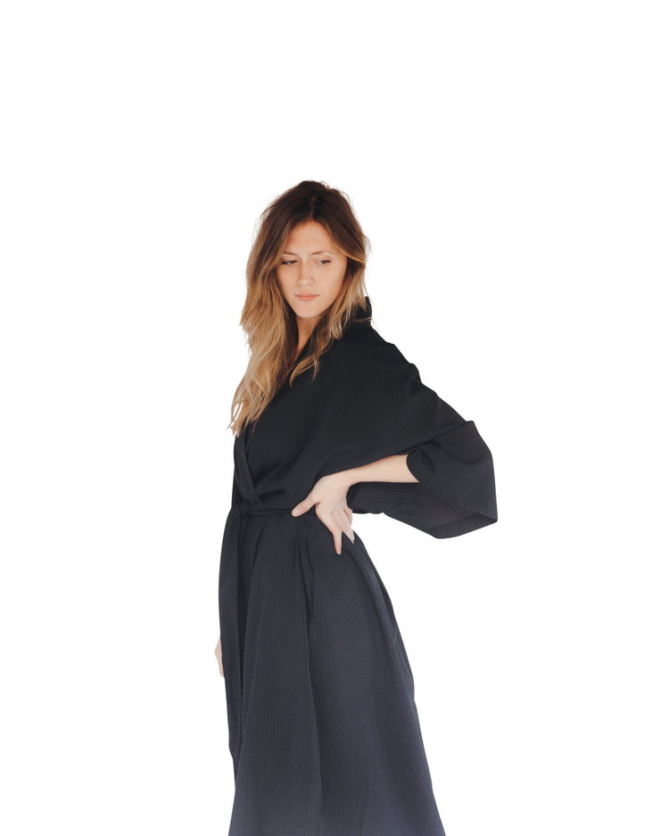 Black Seersucker Kimono Robe