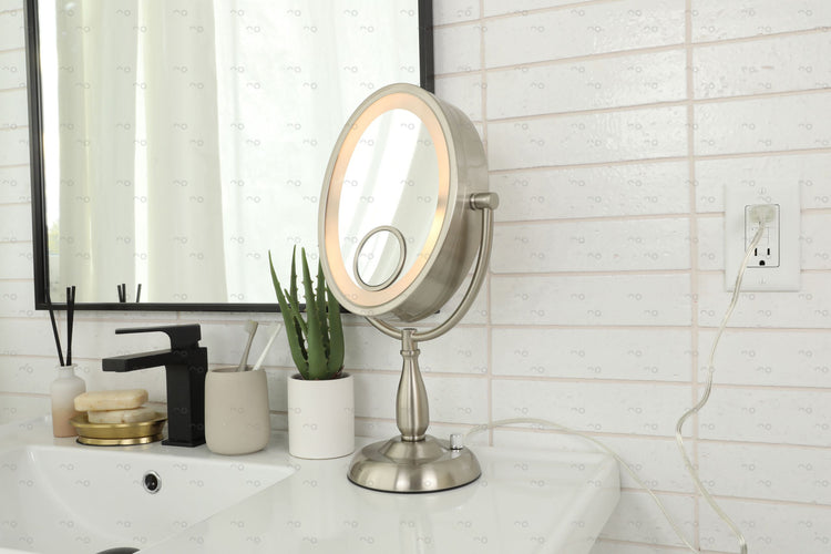 HL9510NL LED Lighted Table Mirror with 10X Magnification, Nickel Finish